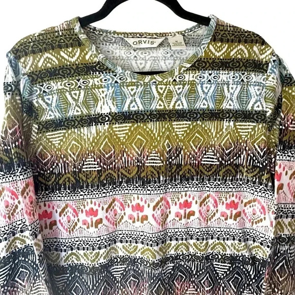 ORVIS NWOT AZTEC PRINT CREW NECK COTTON TEE LONG SLEEVE | SIZE: MEDIUM - Picture 2 of 7